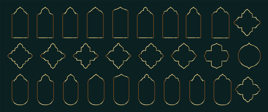 Line art Set of gold ornament arab windows and door. Islamic door set, flat arabic frames or arabian arches silhouette icon, Islamic arabesque pattern.