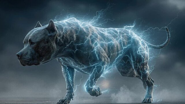 A digital art piece depicts a glowing, mid-stride dog amidst sparks and lightning against a cloudy backdrop The dog radiates energy and motion The scene is set in an open space with a - AI-Generated