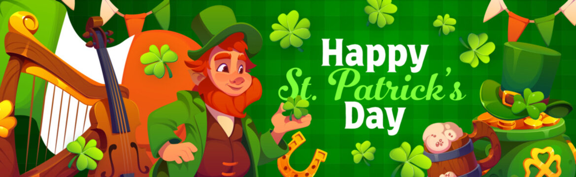 Leprechaun with shamrock clover on happy St Patrick's day banner. Ireland Saint Patrick folk holiday vector poster, Irish party banner with leprechaun character, harp, violin and flag, shamrock cloves