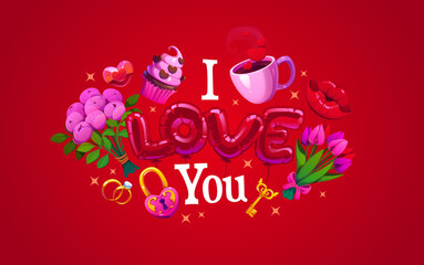 Fototapeta premium Valentine's day quote i love you, holiday greeting card. Romance holiday vector saying, love quote. Saint Valentine day phase with balloons, flowers, coffee, cupcake, padlock and engagement rings