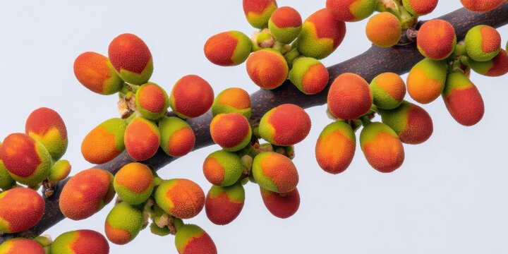 Ochna Integerrima Flower Buds on a Woody Branch against a Clean Background for Botanical Research and Spring Gardening Seasonal