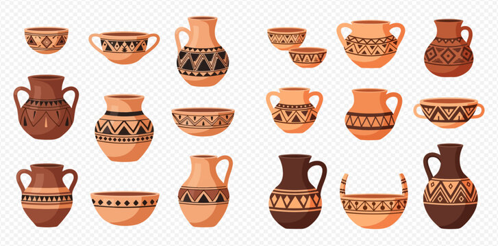 Collection of traditional clay pottery with ethnic patterns, including vases, jugs, and bowls, on a transparent background.