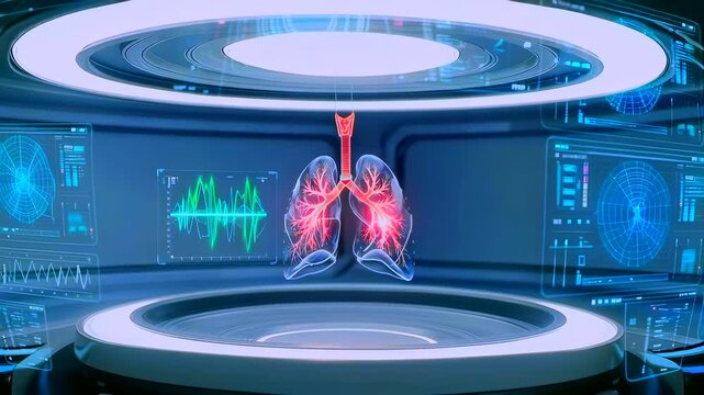 Futuristic lung visualization, Holographic display of respiratory system, Cuttingedge holographic technology showcasing airway anatomy and respiratory performance for diagnostics