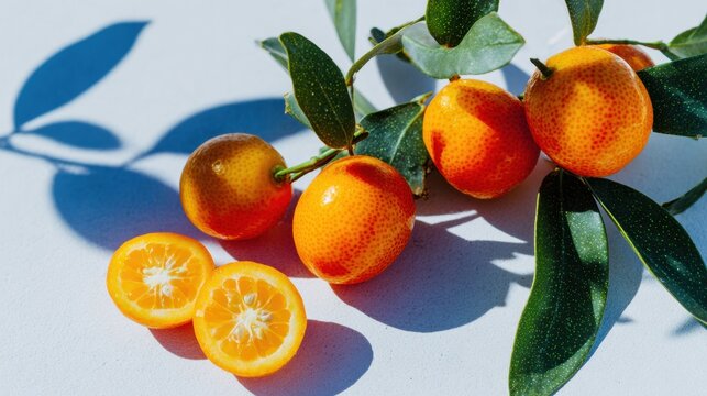 Fresh Whole Kumquats with Sliced Citrus Fruit on Branch for Botanical Culinary Blog Content and Grocery Advertising against a Minimal Studio Background with Copy Space
