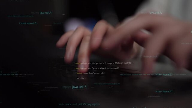 This image captures a dynamic coding scene with hands typing on a laptop keyboard, surrounded by digital lines of code, representing modern programming and technology. Xenic