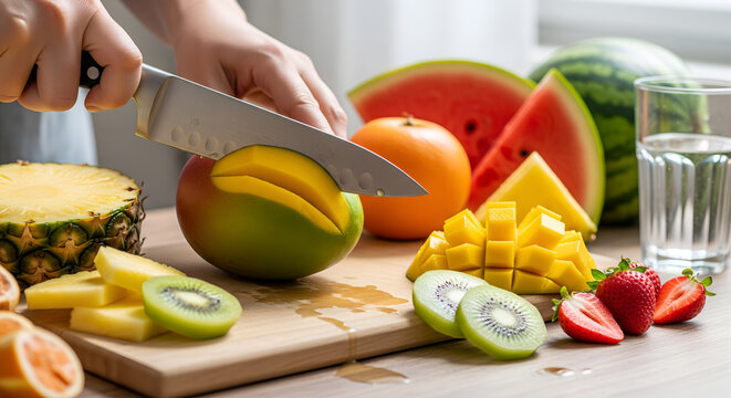 Hands cutting fresh mango on a wooden board with various fruits