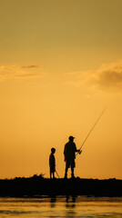 Fototapeta premium Father son silhouette fishing sunset sea beach horizon vacation family bonding tranquil evening shore scene with calm water reflection