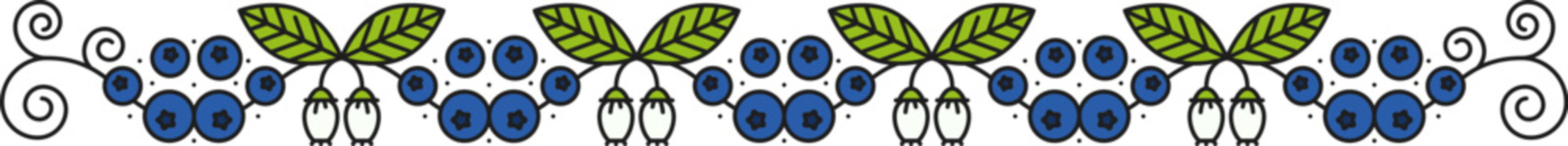 Forest blueberry berry and leaves line divider or separator. Forest blueberry linear divider, ripe farm berry outline vector frame border. Wild plant thin line underline spacer or separator line