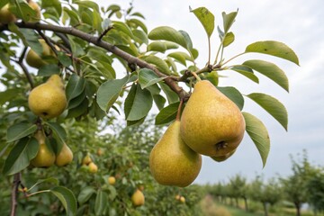 A row of pear trees with ripe fruit hanging from the branches