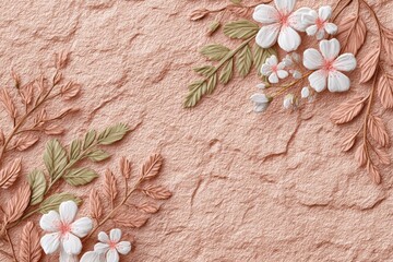Delicate White Cherry Blossoms With Green Leaves On A Textured Rose Gold Background With Stone Overlay