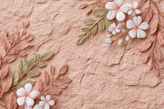 Delicate White Cherry Blossoms With Green Leaves On A Textured Rose Gold Background With Stone Overlay