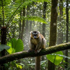 Fototapeta premium Lemurs Gaze - A Primate Portrait in Madagascars Lush Rainforest.
