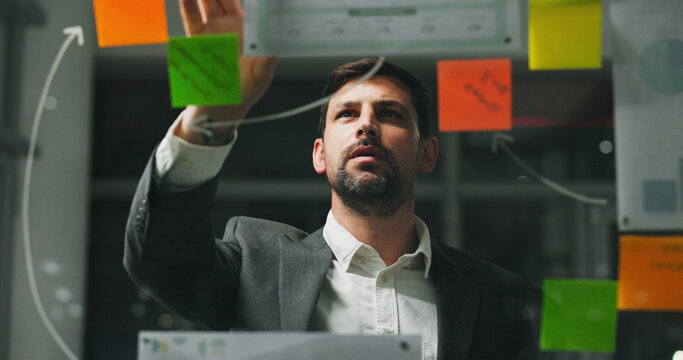 Glass wall, night or man in agency with sticky note, strategy or planning for report. Thinking, problem solving or employee in office with paper, idea board or brainstorming deadline on evening shift