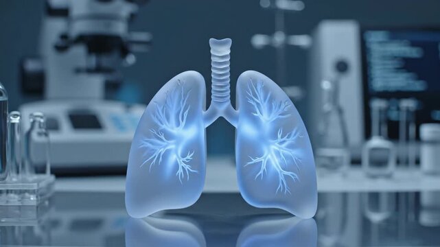 The lungs model is illuminated on a glossy lab table reflecting light Lab equipment is visible in the softfocus background