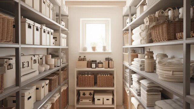 Organized home storage room with shelving system, neatly arranged shelves and storage boxes, clear structure and accessibility, soft natural lighting, realistic interior textures, clean and calm 