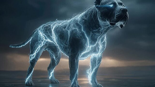 Close-up digital artwork of a glowing blue, muscular bulldog amidst sparks and lightning against a cloudy backdrop - AI-Generated