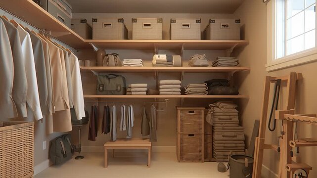 Organized utility storage room inside a home, clearly structured layout and functional zones, minimal visual clutter, soft ambient light, realistic textures, high-quality commercial editorial artwork