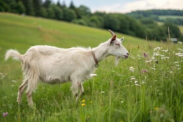 Obraz premium A goat is walking through a field of flowers