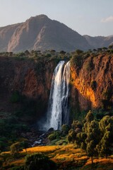 Obraz premium Majestic Scenic Waterfall Cascading Down Rocky Cliffs in a Lush Mountain Valley, Natural Landmark for Travel Promotion and Environmental Awareness Campaigns