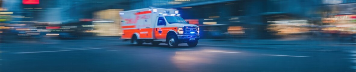Emergency ambulance vehicle driving fast through city street at night with motion blur for rapid response service and public safety marketing background