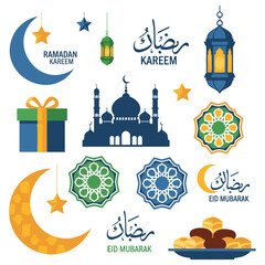 Fototapeta premium Ramadan Kareem Eid Mubarak vector illustration set with mosque lantern crescent gift