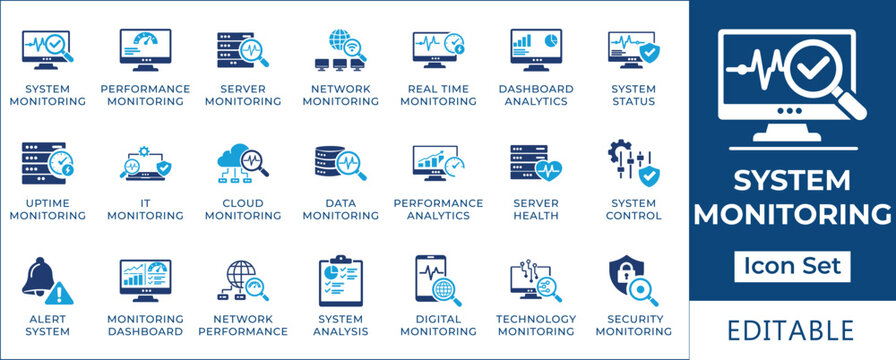 System monitoring icon set featuring performance tracking, server status, network monitoring, real-time dashboard analytics, uptime alerts, and IT infrastructure health symbols.