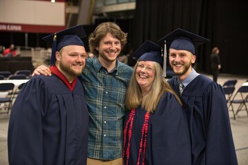 Obraz premium Four graduates pose for a picture in front of a banner that says 