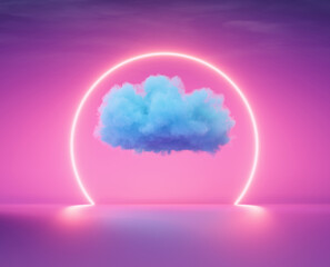 Cloud illuminated by pink and purple sunset with glowing horizon at twilight