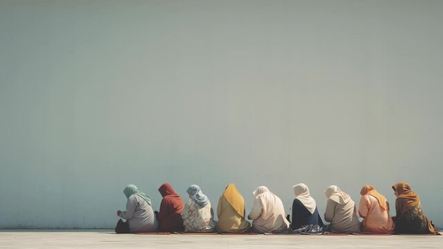 Muslim community togetherness concept, people sharing quiet moment of reflection, modest lifestyle, soft shadows, uncluttered background, clean and modern visual