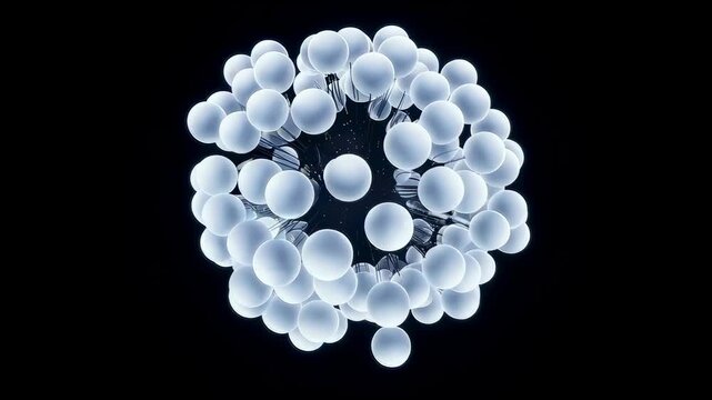white spherical particle cluster rotates and disassembles against black background, modular beads separate from symmetric shell revealing geometric structure, clean studio lighting