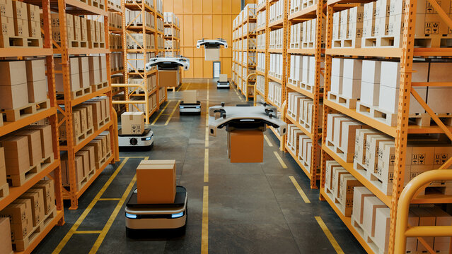 Automated warehouse environment with robots and drones transporting packages between shelves, showcasing modern logistics, smart inventory management, and AI-powered distribution systems- 3D rendering