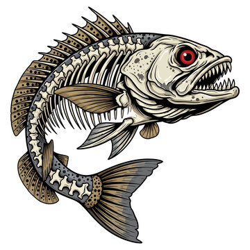 Speckled trout skeleton illustration with sharp teeth and red eyes for fishing logo or t shirt