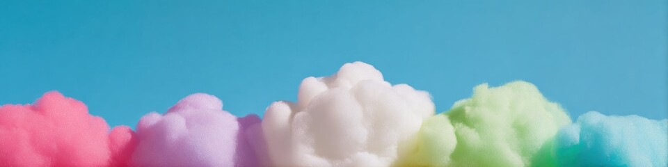 Fototapeta premium Colorful Pastel Clouds Arranged in a Soft Horizontal Row set against a Blue Sky with Copy Space for Creative Branding, Whimsical Web Banners, and Social Media Graphics