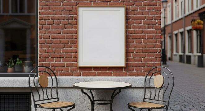 Blank poster mockup on brick wall in cozy outdoor cafe setting