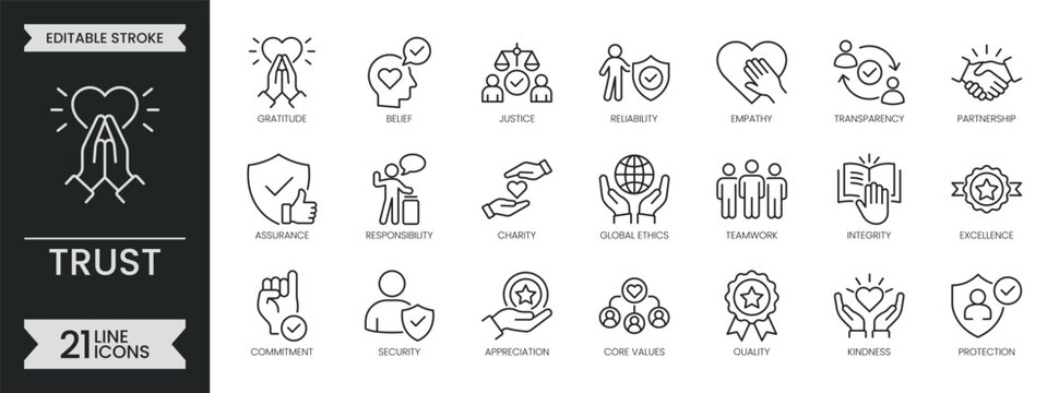 Trust line icon set. Faith related line icons collection. Kindness, ethics, commitment, belief, justice, reliability, empathy, transparency and more. Editable stroke symbols pack. Vector illustration