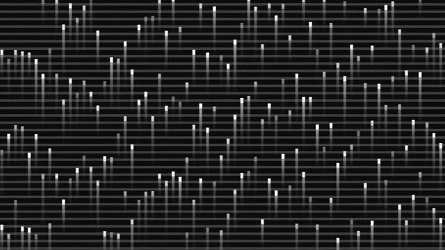 Abstract monochrome pattern with vertical white bars and scattered horizontals on dark soft backdrop