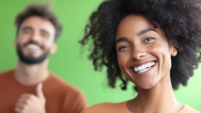Cheerful Partnership: A radiant woman shares a beaming smile with another person in the background, a testament to camaraderie and joy.