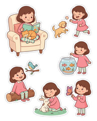 Cute girl and domestic animals activities vector illustration set