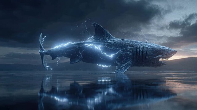 Large shark emerges from water, possibly ice, with dynamic movement and detailed scales reflecting light Dramatic lighting creates shadows and enhances menacing presence Cloudy sky wi - AI-Generated
