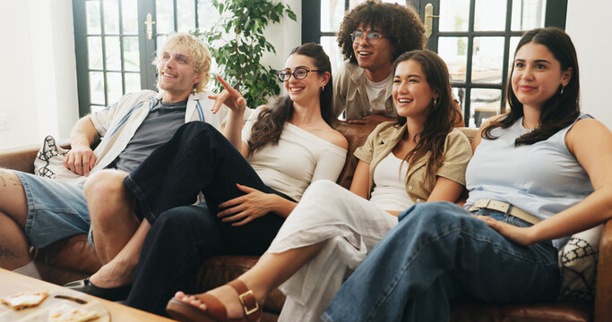 Friends, watching tv and laugh on sofa in home for movies, point and bonding in lounge on break. People, group and smile with streaming for film subscription, pizza or television show at apartment
