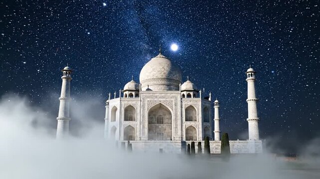 Majestic white building under a starry night sky with wispy clouds