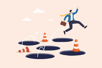 Business Man Jumping Over Holes
