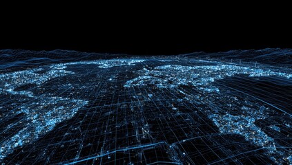 Digitized Earth map in a perspective view, illustrating global network and illuminated city lights