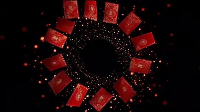 Red banknotes arranged in a circular pattern with glowing sparks.