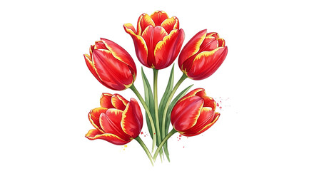 Obraz premium Vibrant red tulips with yellow accents blooming in a bouquet against a clean white background from a front viewpoint