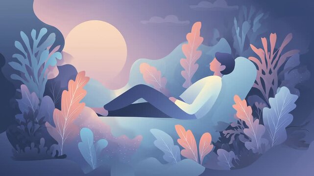 Longevity sleep recovery health concept illustration, peaceful human silhouette resting in a calm environment, soft ambient lighting, cool soothing color palette, minimal and clean composition