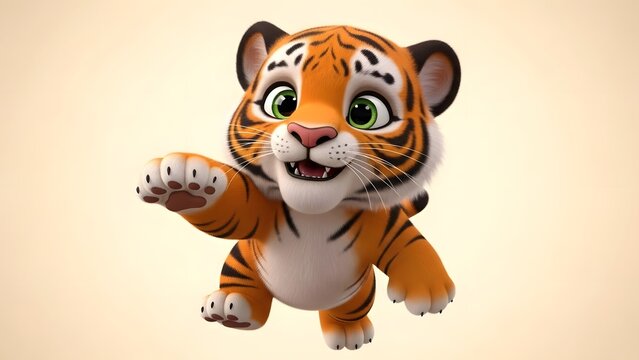 Adorable 3D cartoon tiger cub waving its paw with a cheerful expression. Featuring vibrant orange fur, big green eyes, and a friendly smile on a soft cream background.