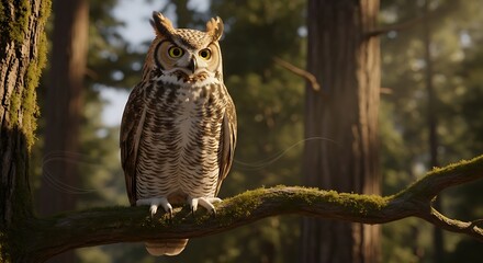 Fototapeta premium Great Horned Owl Perched on Mossy Branch in Forest.
