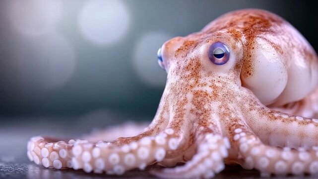 Octopus Portrait: A close-up view of a vibrant octopus, showcasing its intricate skin patterns and curious gaze against a soft background.
