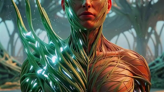 Bioluminescent plant humanoid chest closeup showing intricate tendrils and glowing nodes, serene alien forest background with organic arches, soft ambient light, textured foliage